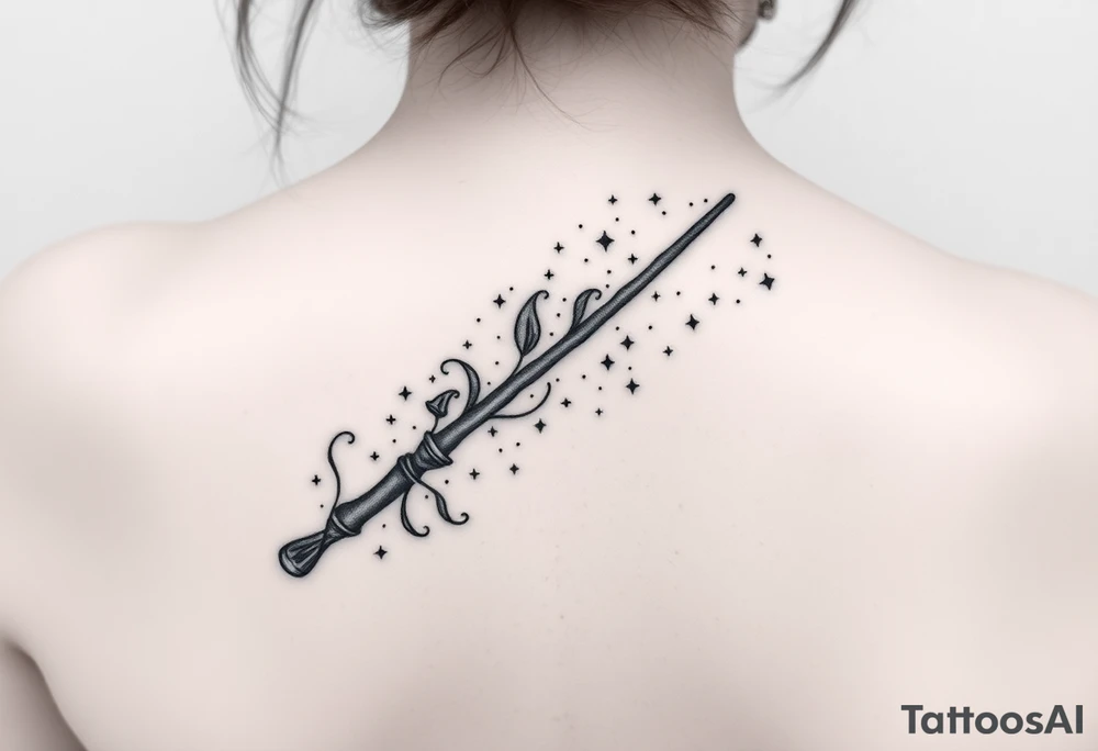 A magic wand (hermione's) with magic dust all around it and a ladybud exiting the wand like a magic spell, and some small detail around it that would do a piggyback on harry poter like a lightning, harry's glasses, the golden snitch etc... tattoo idea