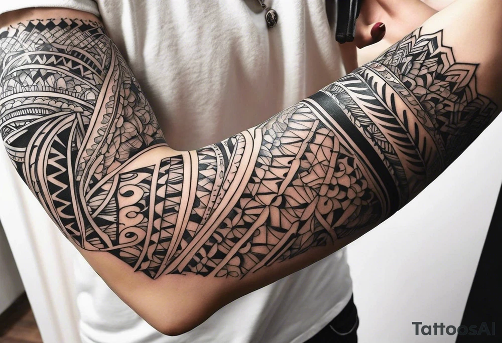 Left arm sleeve tattoo, tribal tattoo idea