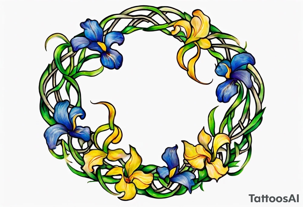 Create a small, colorful Vincent van Gogh Irises tattoo in the form of a crescent, with vines in Celtic knot style gracefully intertwining at a central point in the middle of the wreath. The intended placement is on the upper chest. The middle needs mountains. The overall design should be small in size while maintaining a delicate and artistic aesthetic. Pay attention to the graceful flow of the vines and the placement of the irises to achieve a refined and elegant look. tattoo idea