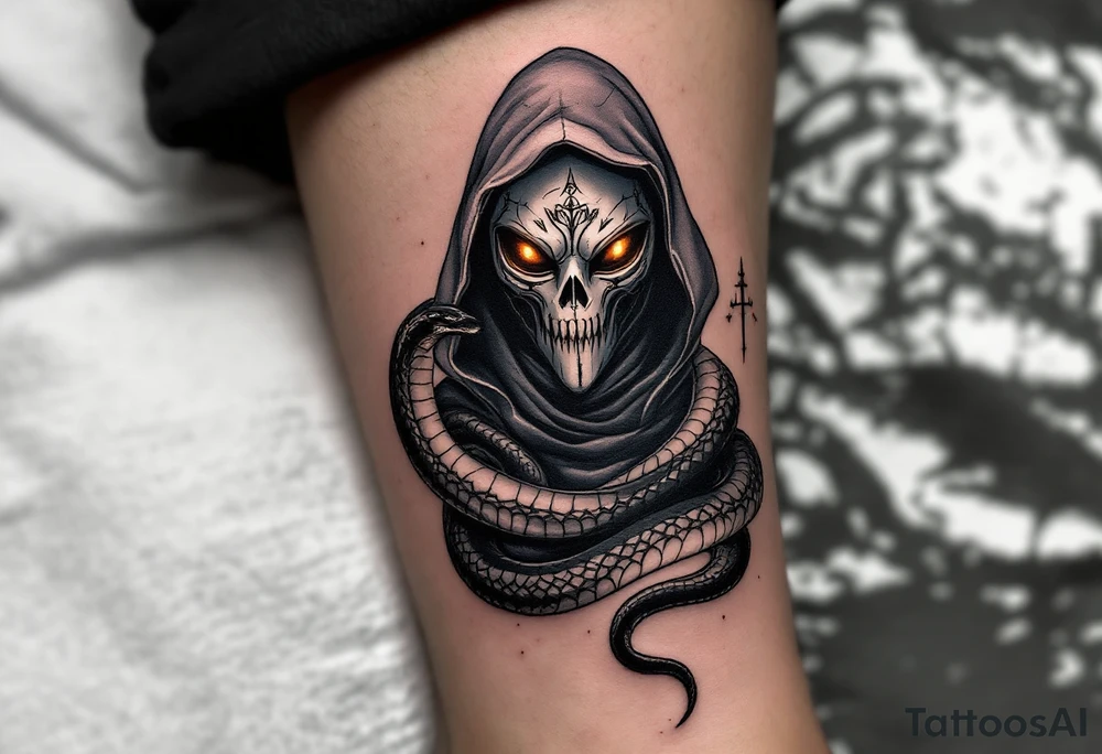 Plague Doctor with a Snake – A dark-robed doctor witn a silver-gray with tipical plafue mask, with a black viper wrapped around their arm, symbolizing healing and poison. The snake's eyes glow deep amber, adding a mystical touch. tattoo idea