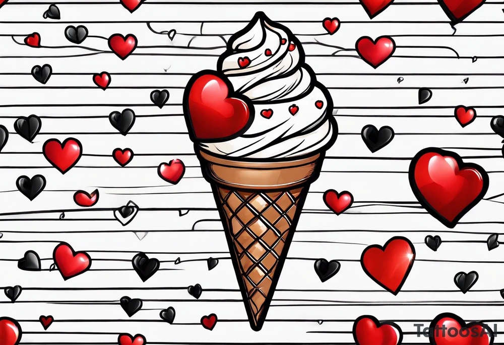 sketch chocolate chip ice cream cone with one red heart tattoo idea