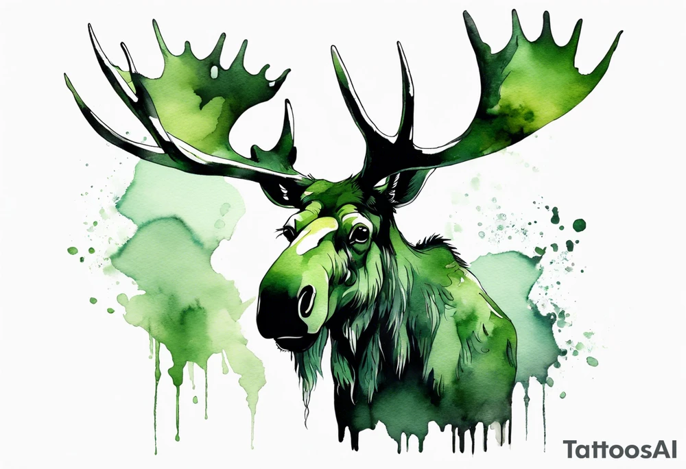 a giant green mossy moose with shadow beards perched on its antlers tattoo idea