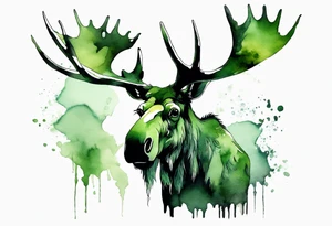 a giant green mossy moose with shadow beards perched on its antlers tattoo idea