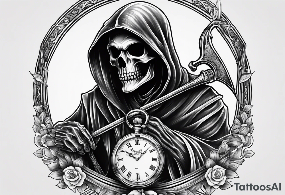 Grim reaper with a pocket watch and scythe tattoo idea