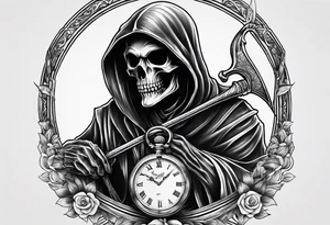 Grim reaper with a pocket watch and scythe tattoo idea