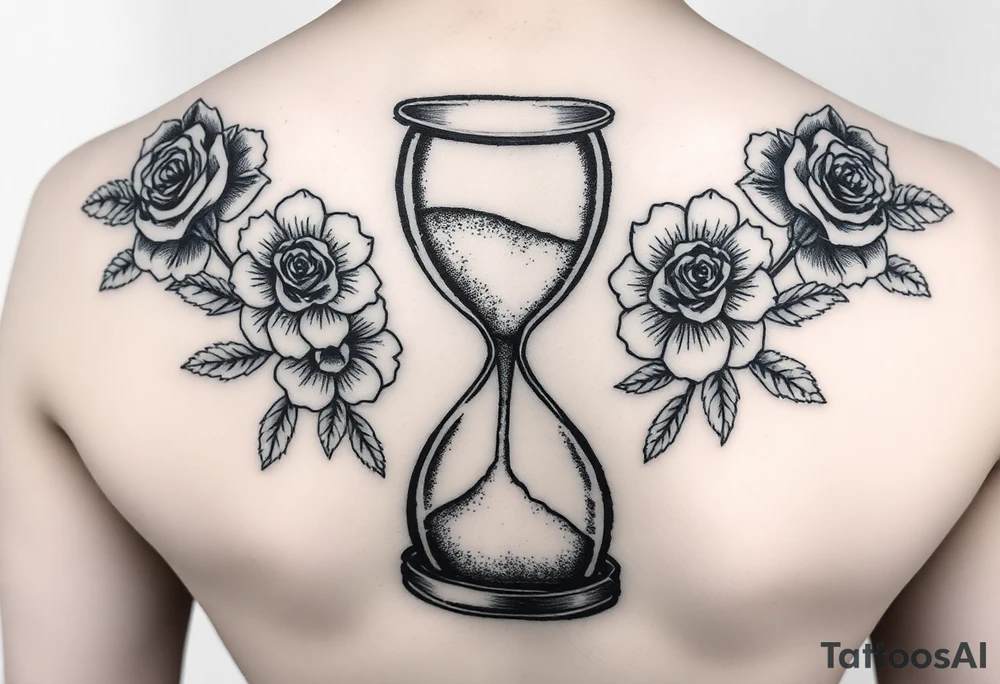 An hourglass with a skull at the bottom that the sand is pouring into. Include matching florals on each shoulder tattoo idea