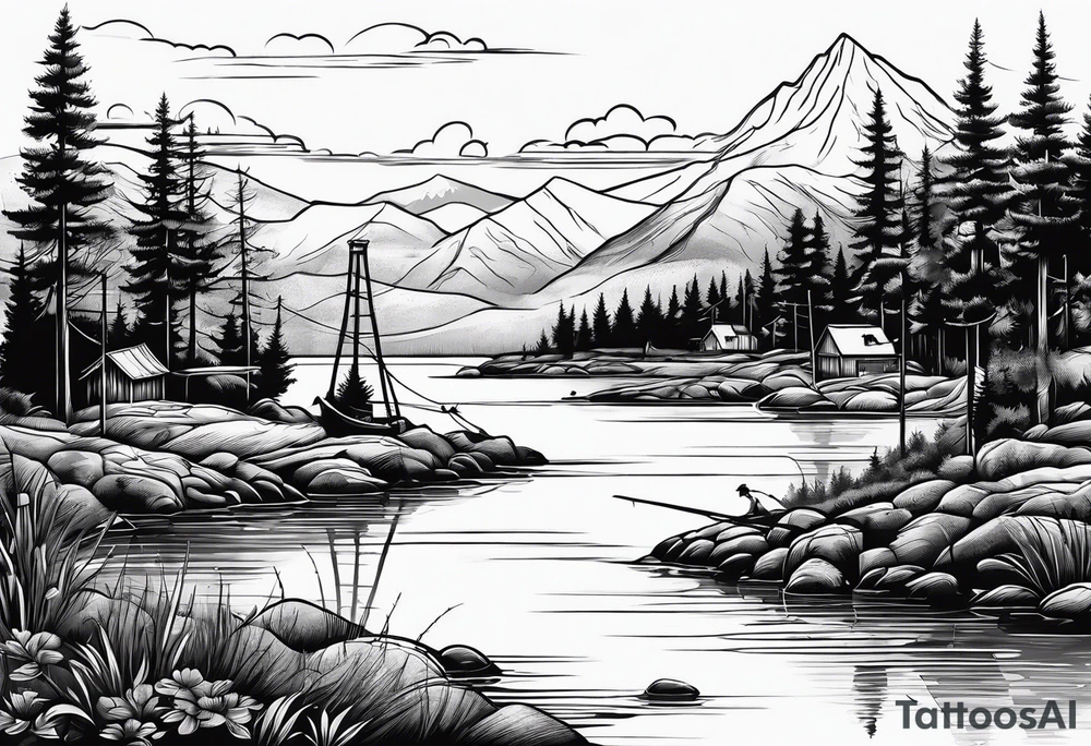 silhouette of landscape and fishingpole and line tattoo idea