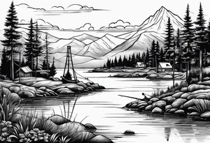 silhouette of landscape and fishingpole and line tattoo idea