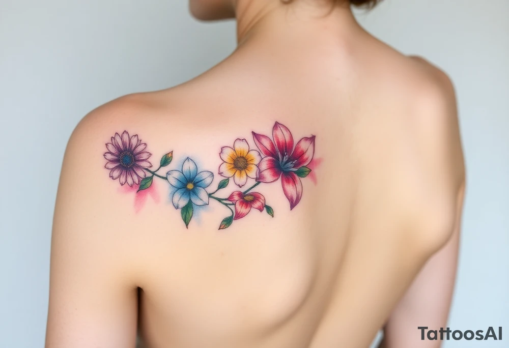 This tattoo is on a woman. It is a line of flowers connected by a single stem. It starts on her left pectoral with a Glaiolus and Daisy together, then the tatoo rises over the left shoulder and down the arm and ends at the elbow. The tattoo will include a primrose, Calla Lily, and a Lilly. It will be light on color except in the petals and has light shading to make it pop. tattoo idea