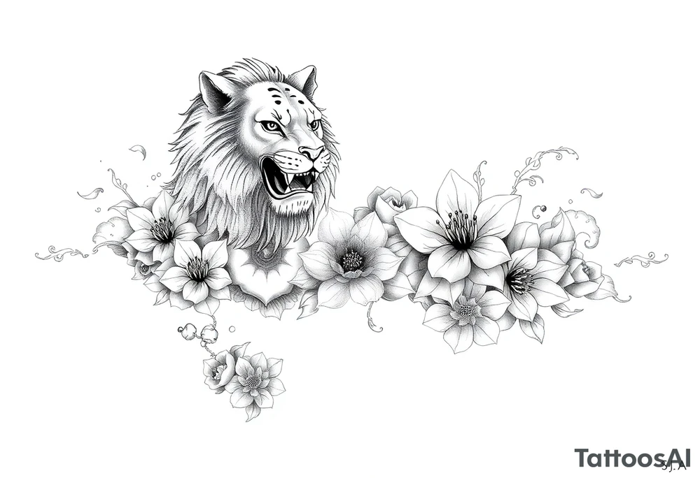 Forearm sleeve tattoo including lion clouds jasmine flower names dates covering the whole forearm tattoo idea