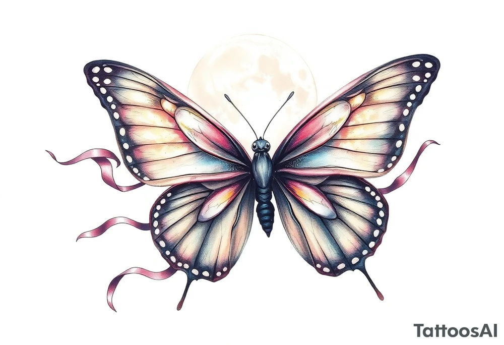 ethereal butterfly with flowing silk ribbons in moonlight tattoo idea