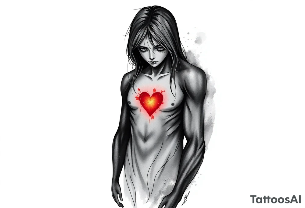 A solitary figure with a nostalgic, sorrowful expression, surrounded by a subtle environment that evokes anxiety—fine lines, soft shadows, and empty space around them. Though seemingly fragile, the figure stands upright, symbolizing inner strength. A warm light or heart glowing from the chest represents deep love. The eyes are detailed, reflecting a keen attention to detail and emotional sensitivity. The overall contrast shows emotional fragility balanced by quiet resilience. tattoo idea