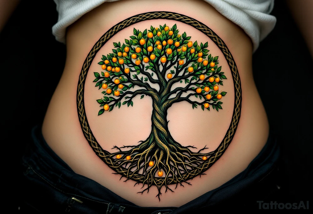 A forest green tree of life inside a round frame of braided roots and glowing amber fruits. tattoo idea