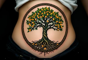 A forest green tree of life inside a round frame of braided roots and glowing amber fruits. tattoo idea