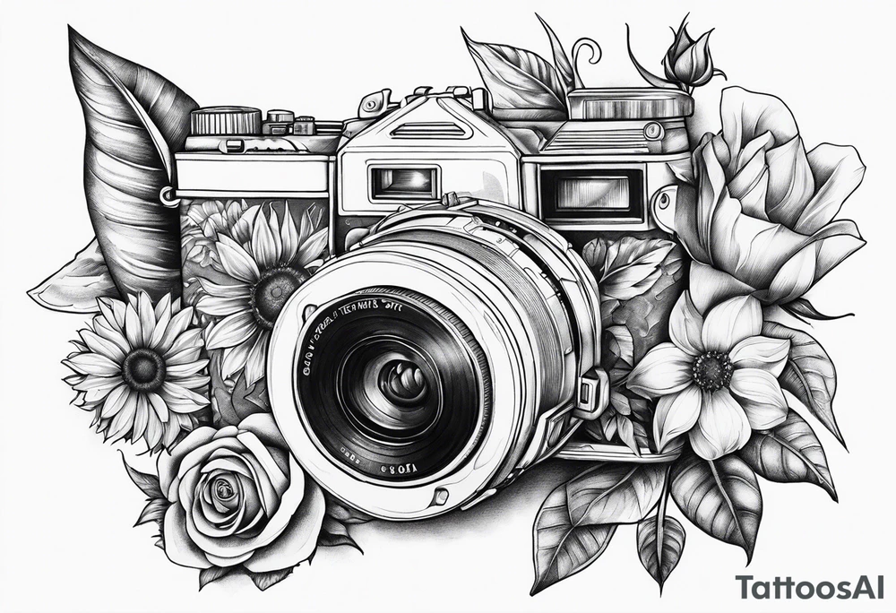 sunflower, camera, fish, flower rose tattoo idea