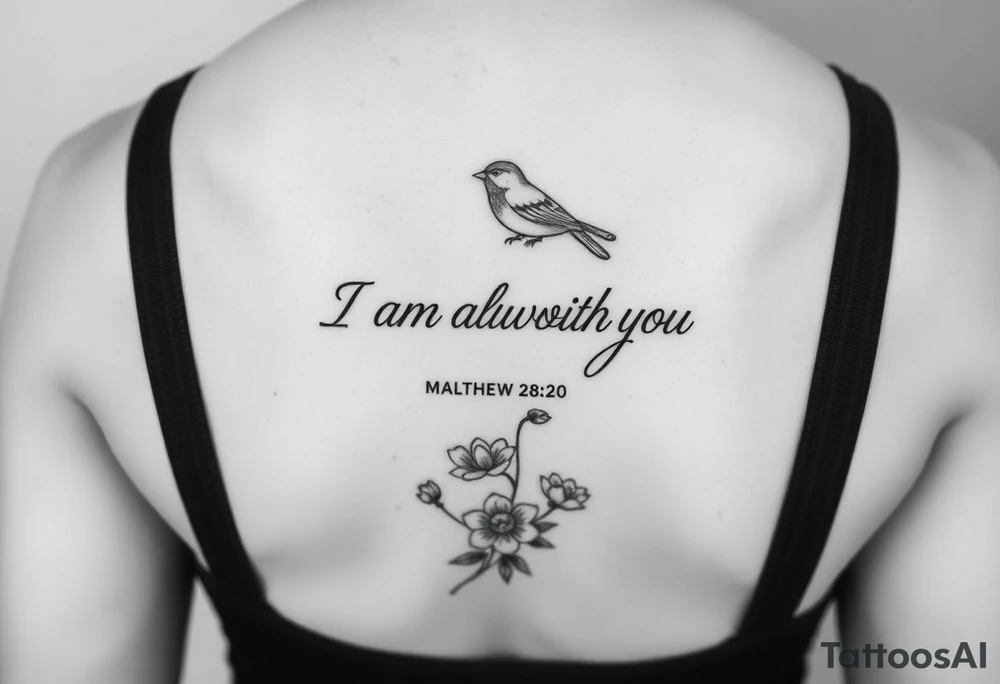 Bible verse “I am always with you Matthew 28:20” with a dainty bird on top with small flowers on the bottom tattoo idea
