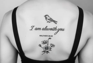 Bible verse “I am always with you Matthew 28:20” with a dainty bird on top with small flowers on the bottom tattoo idea