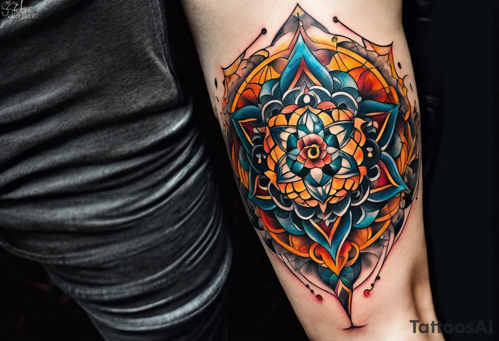 front knee tattoo with sacred geometry, swirls & washes, background and in fall colors tattoo idea