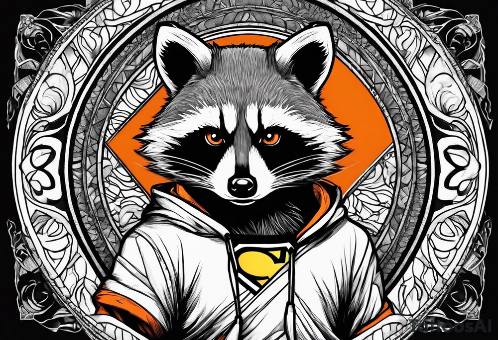 Raccoon wearing an orange Superman hoodie tattoo idea