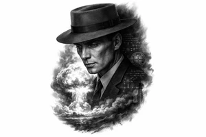 Create a high-end black-and-grey realism tattoo design featuring Cillian Murphy as J. Robert Oppenheimer from Christopher Nolan’s 2023 film Oppenheimer. His face must clearly resemble Cillian Murphy: sharp cheekbones, hollow cheeks, piercing light eyes, narrow face, intense haunted expression, wearing the dark 1940s suit and iconic wide-brimmed pork-pie hat from the film. Do NOT depict the historical J. Robert Oppenheimer or a generic 1940s scientist.

Show Cillian Murphy in dramatic three-quarter profile, looking slightly downward, with one side of his face illuminated by the Trinity nuclear explosion and the other disappearing into deep black shadow.

Behind and partially around him, show the Trinity test exploding over the New Mexico desert: an enormous white-hot fireball, rolling smoke, dust, and atmospheric shockwaves. The explosion should merge organically into his coat and silhouette instead of appearing as a separate mushroom cloud underneath him.

Incorporate subtle Manhattan Project imagery into the shadows: faint handwritten nuclear physics calculations, plutonium-core geometry, chain-reaction diagrams, Los Alamos technical sketches, and the distant silhouette of the Trinity test tower. These details should be secondary and partially hidden.

Make the entire piece dark, cinematic, ominous, sophisticated, and psychologically intense, inspired by the visual atmosphere of the 2023 Oppenheimer film. The tattoo should convey a brilliant man staring into the consequences of what he helped create.

Style: ultra-realistic black-and-grey tattoo, extremely accurate Cillian Murphy facial likeness, cinematic lighting, deep blacks, smooth greywash, fine-line details, realistic skin texture, strong contrast, controlled negative space, organic smoke transitions, no hard rectangular border, designed for an outer forearm or upper arm, vertical composition.

NO: historical Oppenheimer facial likeness, generic scientist, giant atom symbol around his head, atom halo, Einstein, cartoon imagery, symmetrical tattoo-flash layout, portrait sitting directly above a mushroom cloud, cheesy science icons, gears, clocks, skulls, roses, random text, gibberish equations, steampunk imagery, exaggerated fedora, smiling expression, superhero pose. tattoo idea