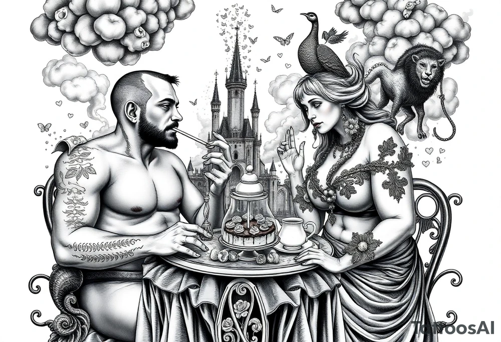Mystical Naked Man and woman eating cake  having sex clouds gothic sexy naked fat lady having a tea party with tea pot and Victorian castle explosions
with a piggy, peacock, noose, lion, goat, smoking cigerettes looking in the mirror thru storm clouds with razor blades and broken hearts and darkness and wrath, envy , gluttony, greed, sloth, pride kill tattoo idea
