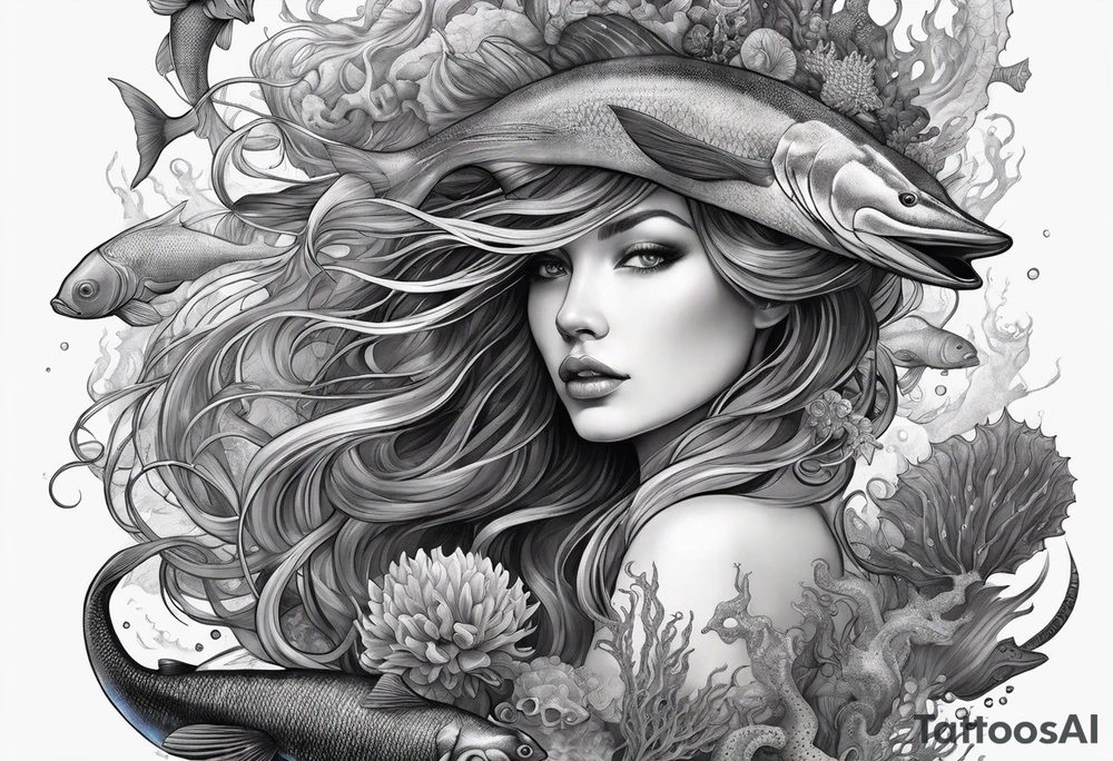 Full-body portrait of an ethereal woman of the sea surrounded by deep sea creatures. tattoo idea