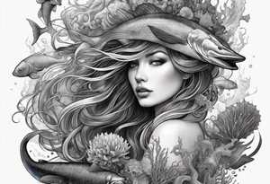 Full-body portrait of an ethereal woman of the sea surrounded by deep sea creatures. tattoo idea