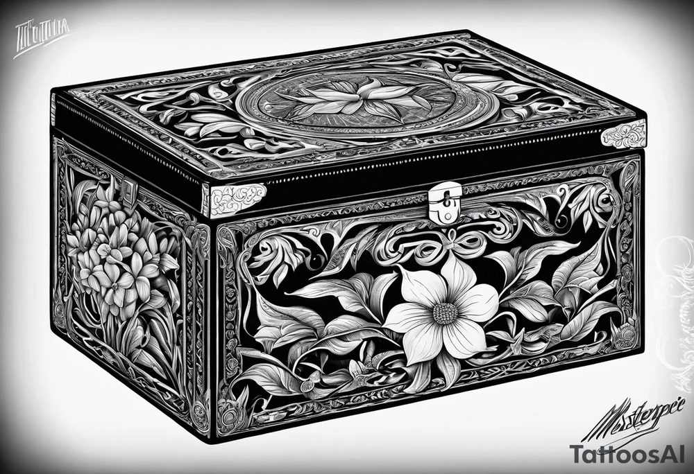 A simple vintage cigar box with a dogwood flower next to it as well as a lit cigar tattoo idea