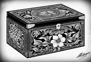 A simple vintage cigar box with a dogwood flower next to it as well as a lit cigar tattoo idea