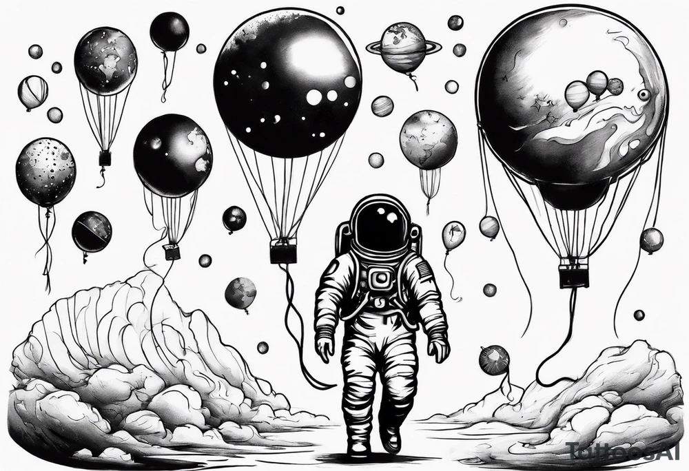 astronaut walking with balloons but balloons are planets tattoo idea