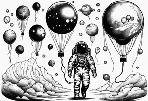 astronaut walking with balloons but balloons are planets tattoo idea