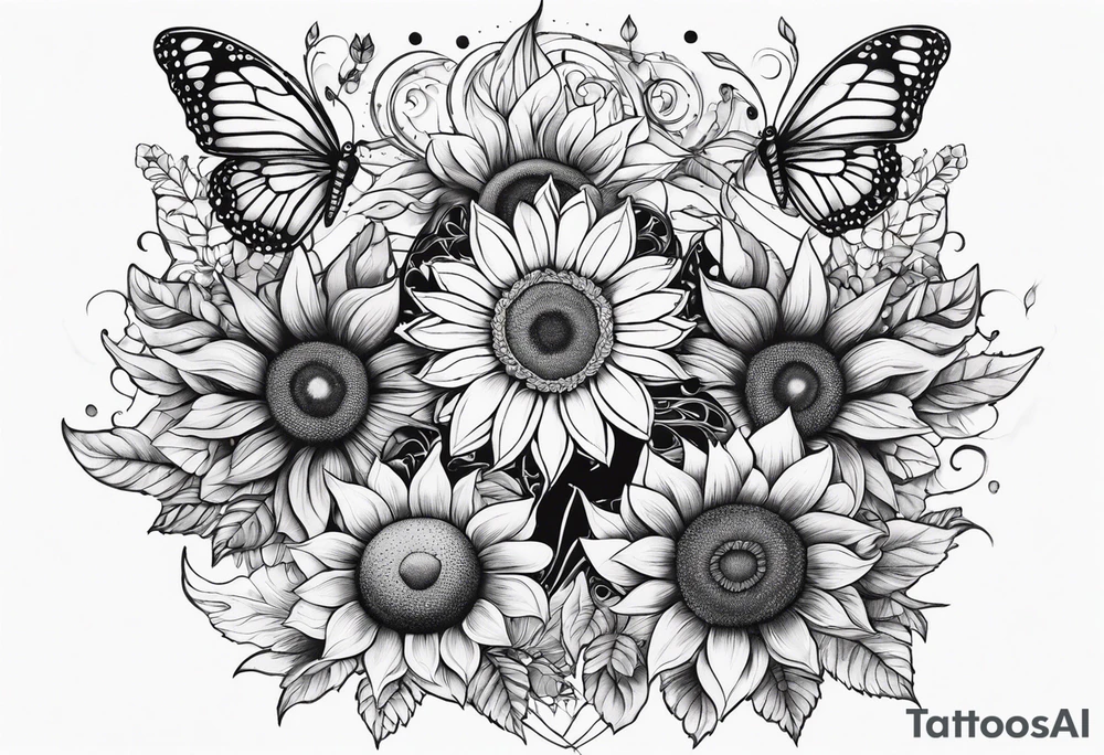 arm sleeve with winged cross, rainbow sunflowers and butterflies tattoo idea