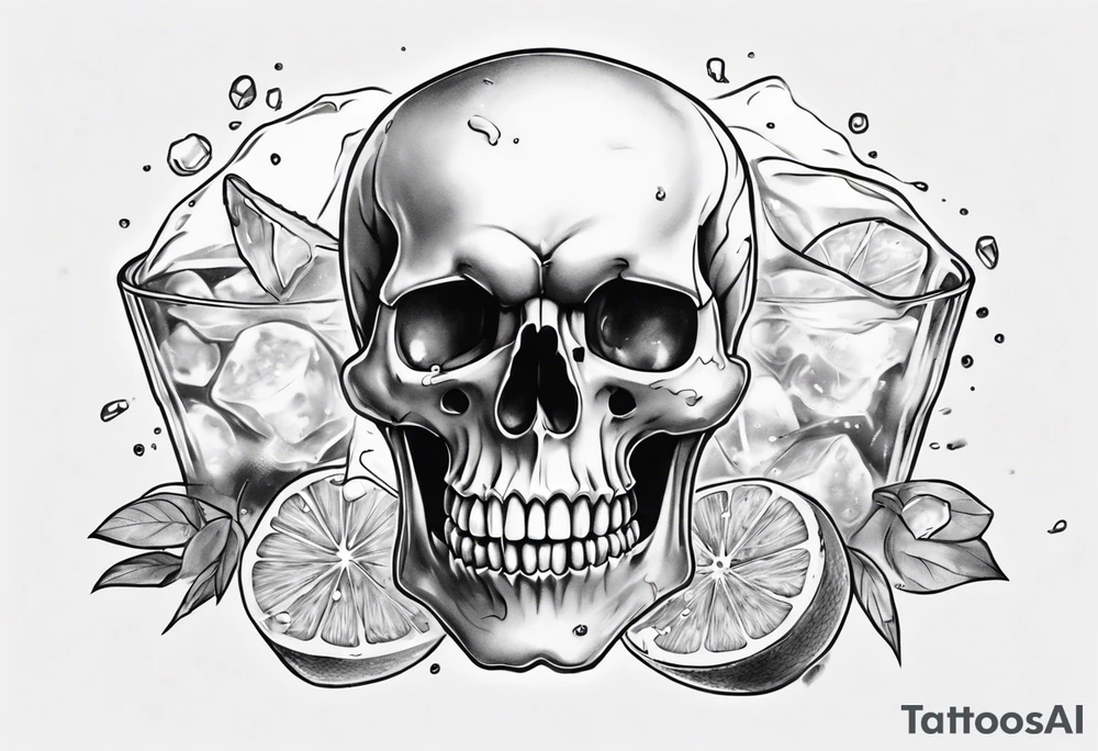 A happy, looking to the left scull, inside the glass with ice and piece of lime tattoo idea