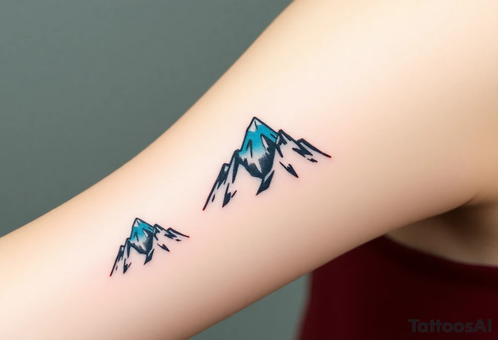 A pair of minimalist black and blue mountain peaks, one tattooed on the one´s forearm and the matching smaller version on the cother tattoo idea
