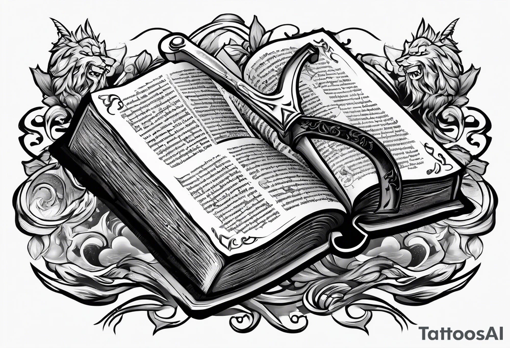 An opened bible with a battle Axe tattoo idea