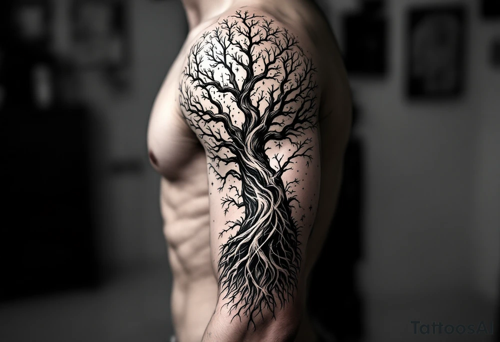 mystical tree of life with cosmic roots and celestial branches tattoo idea