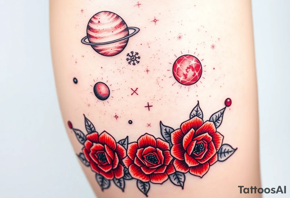 Milky way galaxy with planets with zodiac symbols and protection runes in it with red roses and sunflowers tattoo idea