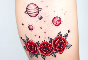 Milky way galaxy with planets with zodiac symbols and protection runes in it with red roses and sunflowers tattoo idea