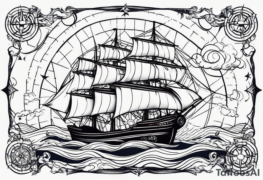 Oturning ships that looks like a compass rose wheel in a storm. Full leg tat tattoo idea