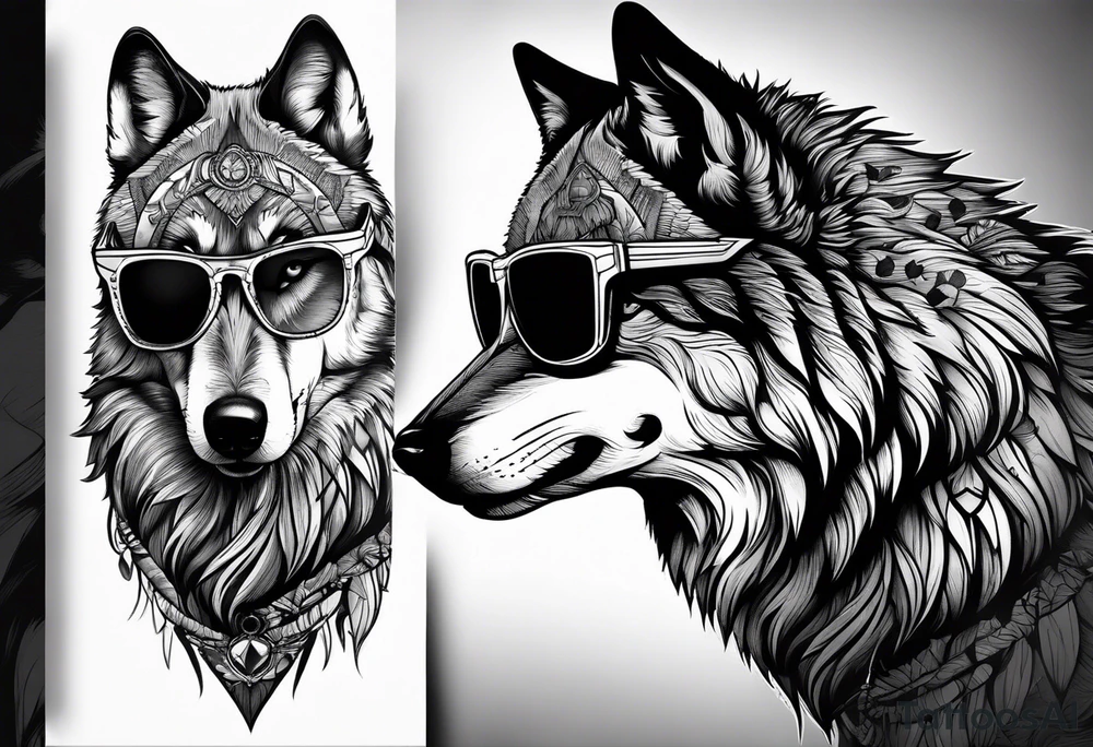 Badass wolf wearing sunglasses
Dark woods
Mountain peaks
Sunset tattoo idea