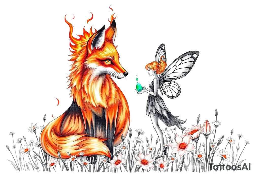 Fox made of fire with a fairy standing close to it  holding a emerild jem in a field of lillys tattoo idea