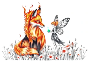 Fox made of fire with a fairy standing close to it  holding a emerild jem in a field of lillys tattoo idea