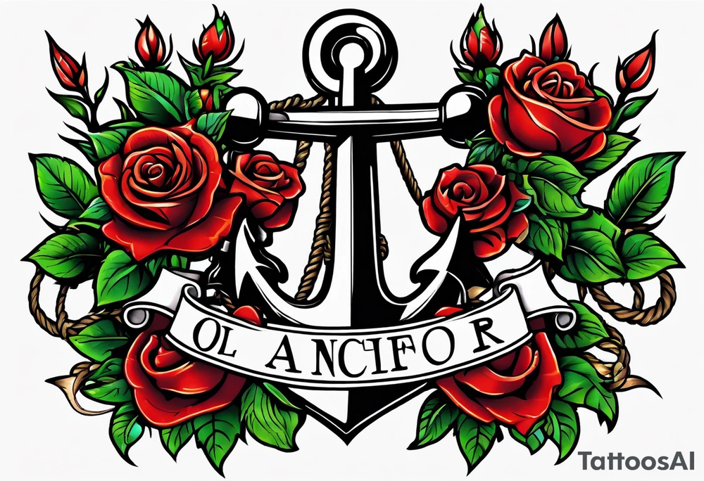 old school anchor with rope wrapped around anchor and banner across anchor and old school roses tattoo idea