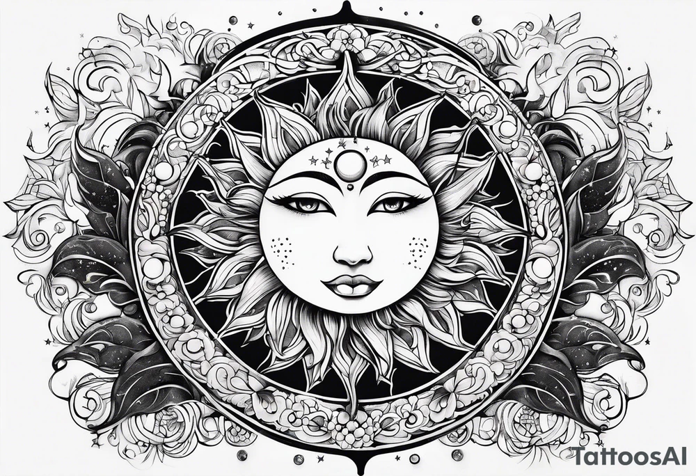 Feminine Sun and moon. long rectangular sternum swirls with dots and stars tattoo idea