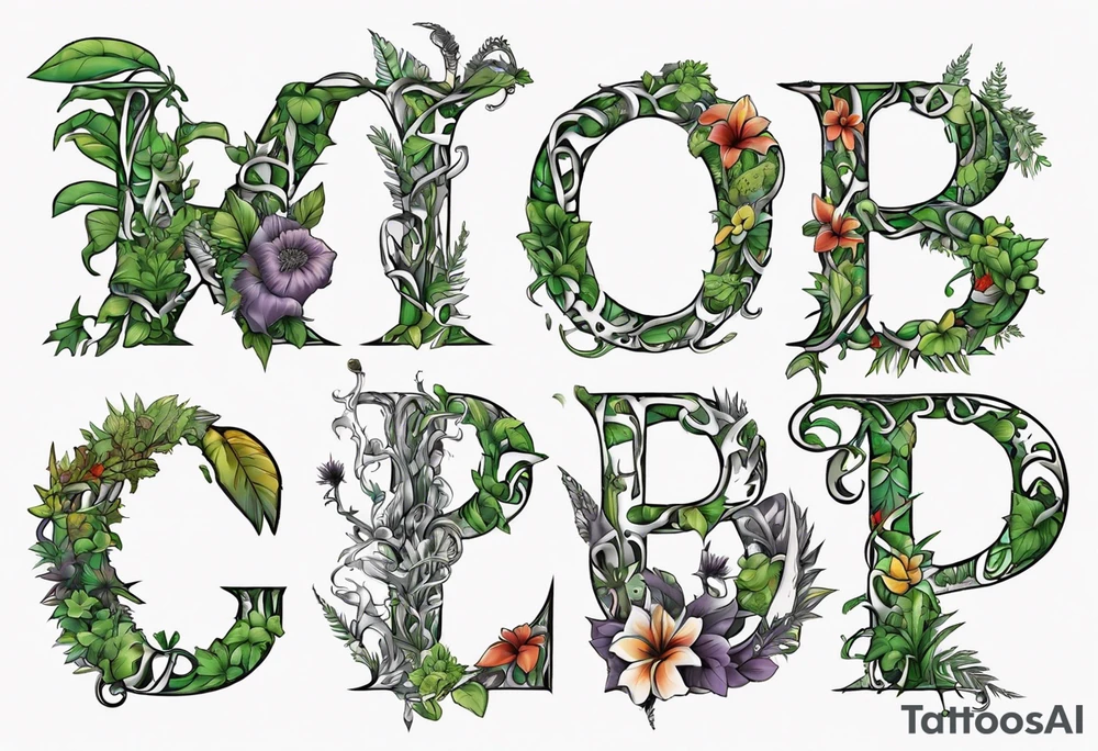 Words “Plant Powered” spelled out with plants and vines through out the words tattoo idea