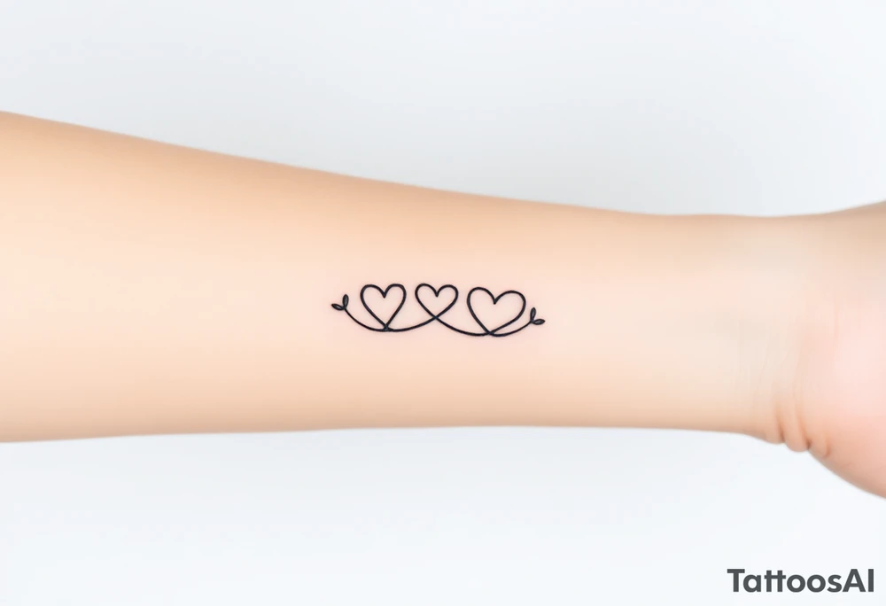 A minimalist infinity symbol with three hearts flowing above including word "family" tattoo idea