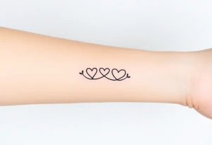 A minimalist infinity symbol with three hearts flowing above including word "family" tattoo idea