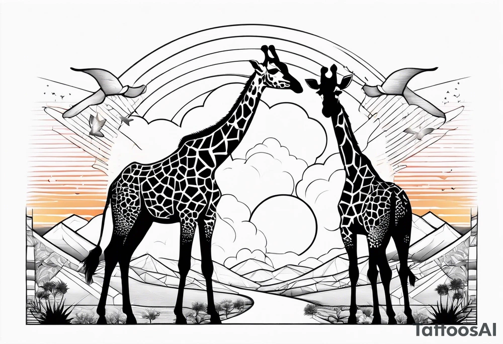 Two young giraffes standing in front of a sunset with one having angel wings tattoo idea