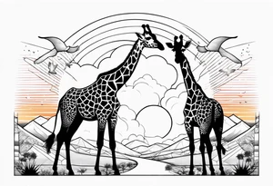 Two young giraffes standing in front of a sunset with one having angel wings tattoo idea