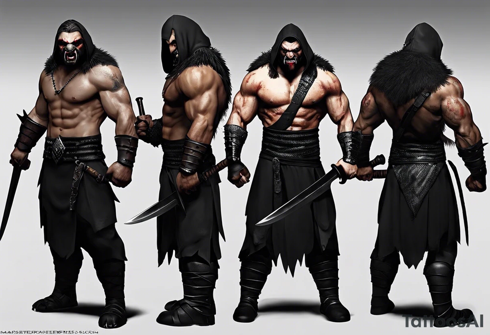 Draw me psychopath Fearless Honey Badger/Berserker with aggressive full body, killer face with a scary smile, very long nails and he attacks like a Bloody Assassin/Warrior/Gladiator to us and also, he has very deadly looking. He fights with his nails only. Everybody scares after their first sight. Give me horror type Badger Tattoo. I want to see his Realistic full body with no weapons. You can show destruction at the back. tattoo idea